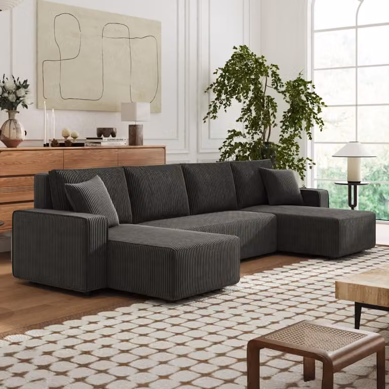 Sofá cama de 6 plazas Concept Usine en terciopelo a cuadros color antracita con forma en U y función de cama reversible