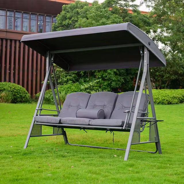 Columpio Hollywood Home Deluxe de 3 plazas con toldo y cojines en color gris An/P/Al: 115 x 198 x 195 cm