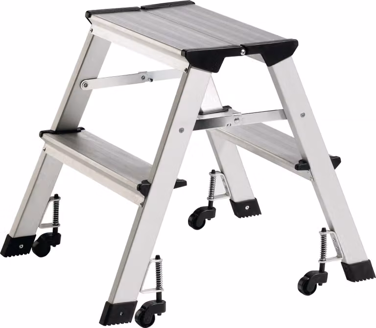 Escalera de mano plegable ALCO 898 de 2 peldaños con ruedas en aluminio color plata