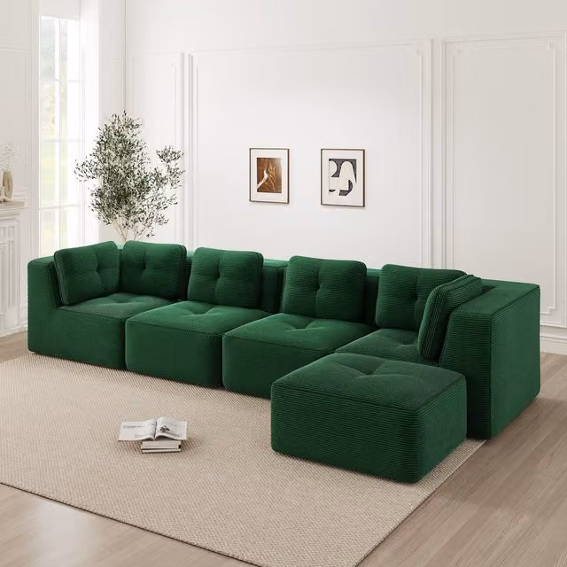 Sofá Modular Kellany de Cuatro Plazas en Pana Verde para Salón con Diseño Minimalista y Asiento Profundo