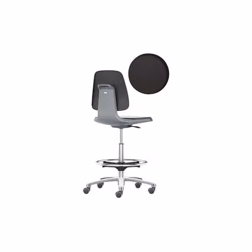 Silla giratoria de trabajo industrial BIMOS LABSIT en color antracita con estribo y ruedas de freno y tapicería de piel sintética