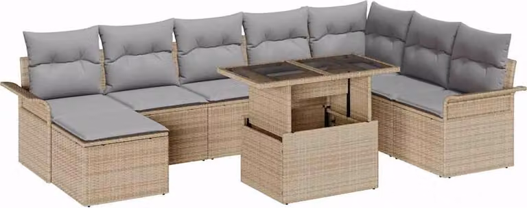 Conjunto de sofá de jardín Syfax de 9 piezas en ratán sintético beige con cojines y mesa de centro para terraza