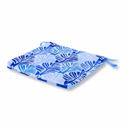 Pack de 4 cojines cuadrados Deco Arts para silla con estampado de follaje azul y cintas de fijación, An/An/Al: 35 x 35 x 3 cm