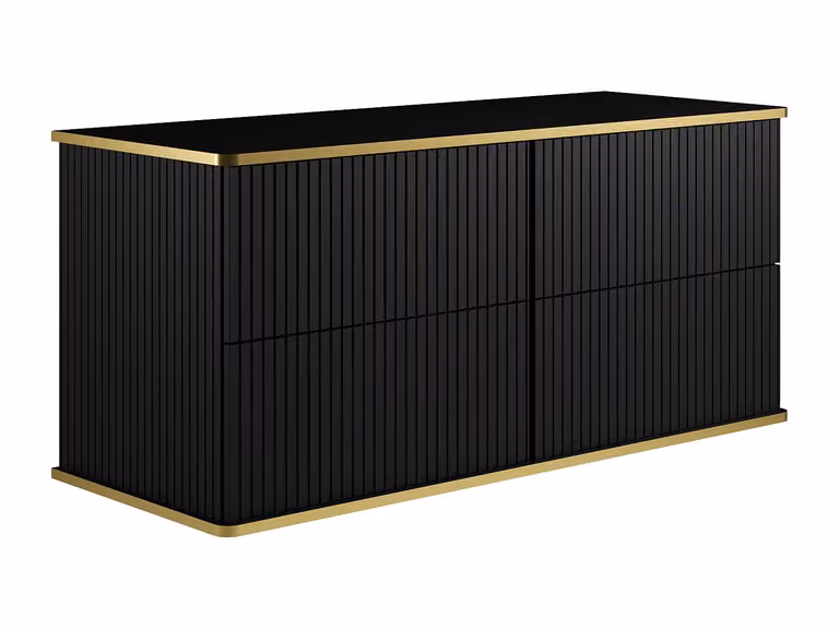 Mueble de baño suspendido estriado KELIZA con puertas y cajones, acabado negro mate y detalles dorados, estilo Art Deco, An: 120 cm