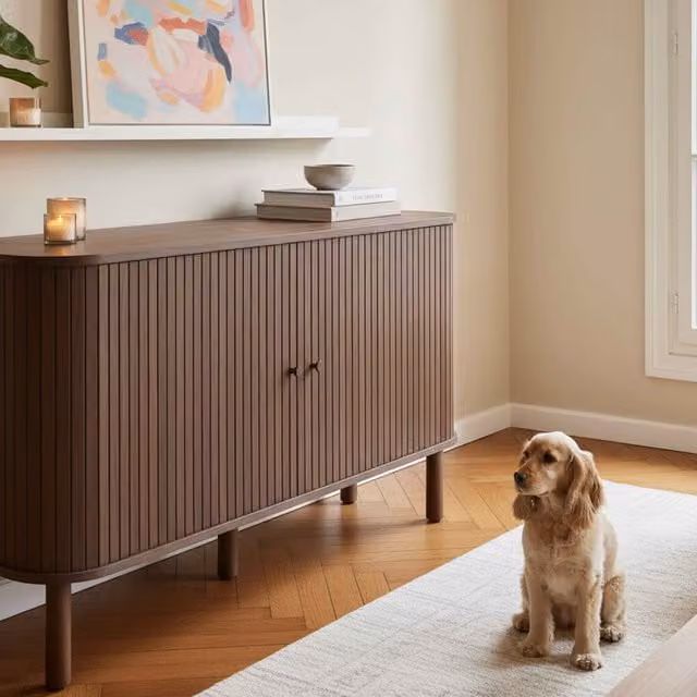 Aparador escandinavo OVIALA de madera en color marrón para salón o comedor con Ancho: 140 cm