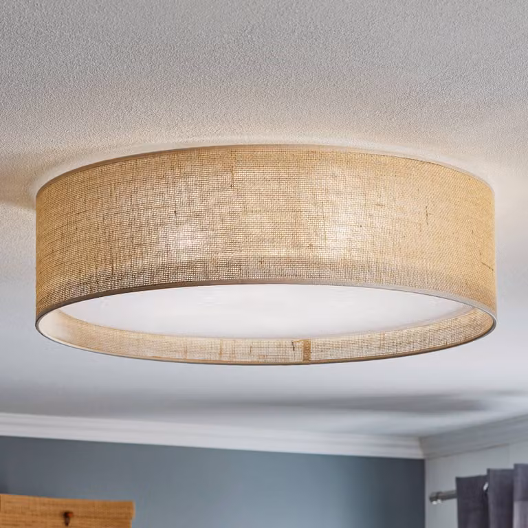 Lámpara de techo Juta de TK Lighting en tonos marrón, blanco y beige con acabado de tejido y estilo rústico, atenuable para salón o comedor
