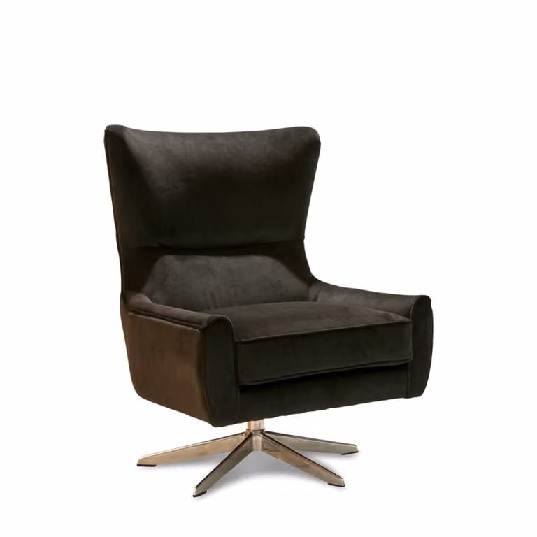 Sillón de terciopelo antracita estilo mid century con estructura de metal y base giratoria de la marca PIB