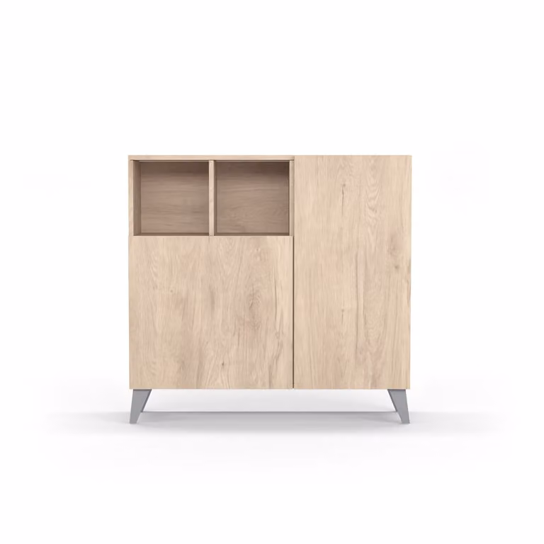 Mueble zapatero de estilo escandinavo HERDASA en melamina y madera con patas de haya, color roble claro y gris, An/P/Al: 90 x 27 x 87 cm
