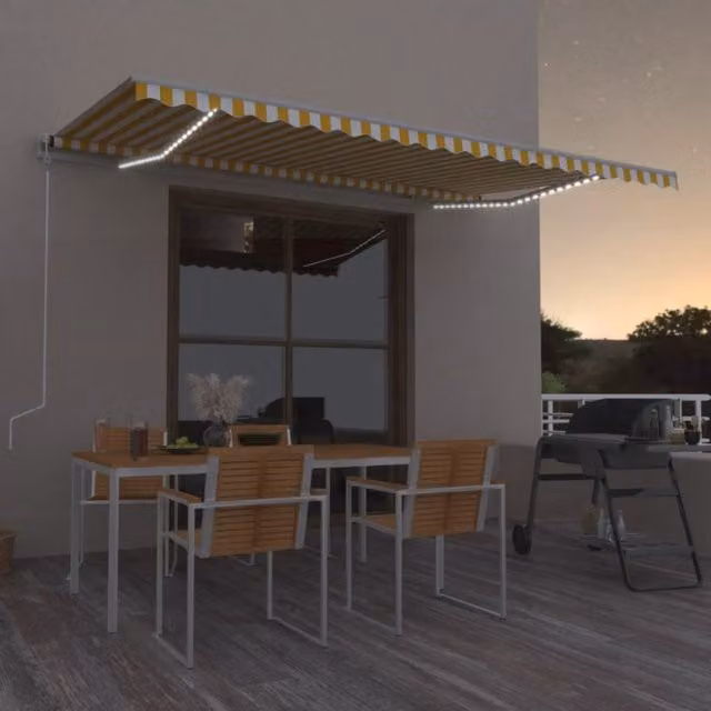 Toldo retráctil manual Maison exclusive con luz LED en colores amarillo y blanco, fabricado en aluminio y poliéster, An: 500 cm, Al: 300 cm