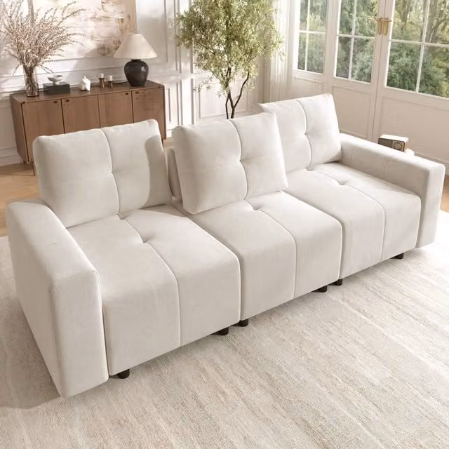 Sofá Modular de 3 Plazas Kellany con Función de Cama y Profundidad de Asiento Ajustable en Tejido de Chenilla Beige y Blanco, Ancho: 213 cm