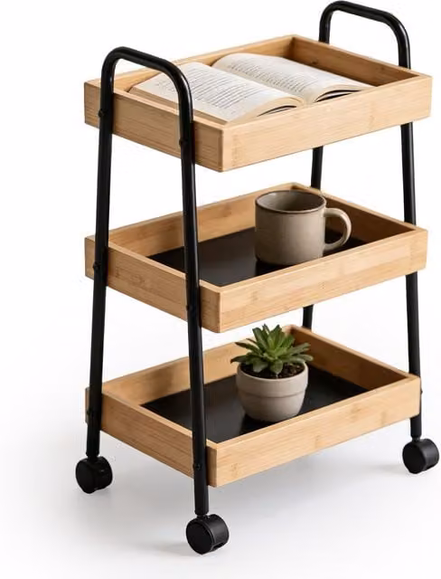 Carrito auxiliar de 3 niveles Relaxdays de bambú y metal para cocina, baño o salón, An/P/Al: 45,5 x 28 x 73 cm, color beige y negro