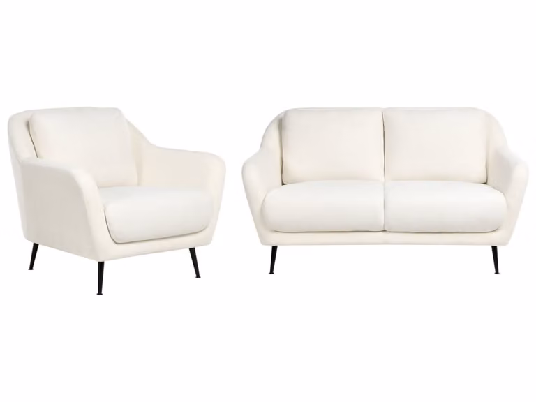 Conjunto de sofás moderno Beliani de tejido blanco con estructura de metal para salón que incluye sofá de 3 plazas, sofá de 2 plazas y sillón con cojines