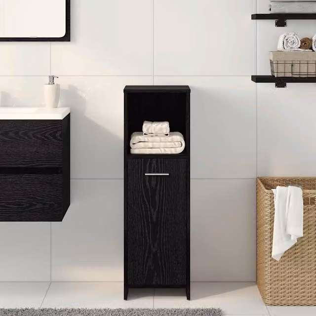 Mueble de baño suspendido SYFAX en roble negro con puertas de bisagra y estante abierto, An/P/Al: 30 x 30 x 95 cm