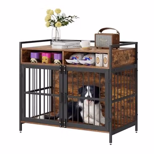Jaula para perros estilo mueble con almacenamiento VEVOR de madera y metal en color marrón para razas grandes, An/P/Al: 104,14 x 59,94 x 91,95 cm