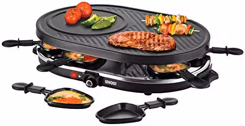 Unold 48795 Gourmet Raclette de 1200 W para hasta 8 personas con placas lisa y acanalada, recubrimiento antiadherente y termostato ajustable en color negro