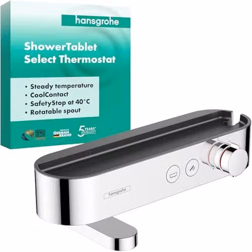Termostato de bañera Hansgrohe ShowerTablet Select con diseño visto, monomando y ahorro de agua, color cromo