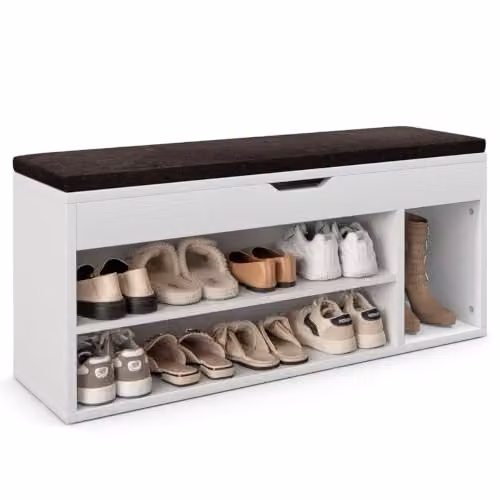 Banco zapatero moderno Helloshop26 de MDF blanco con 3 estantes y cojín mullido An/P/Al: 104 x 30 x 48 cm