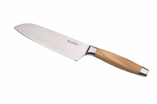 Cuchillo Santoku Le Creuset de acero damasco con mango de madera en color marrón y plata