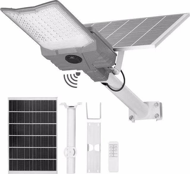 Farola solar Vevor con reflector LED para exteriores, con detector de movimiento, mando a distancia y función regulable, ideal para jardín o terraza, color gris