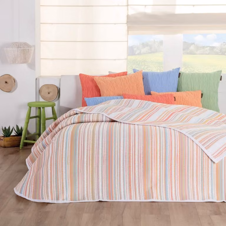 Colcha cubrecama reversible Manterol de jacquard con rayas en naranja y blanco para cama de 150/160 cm
