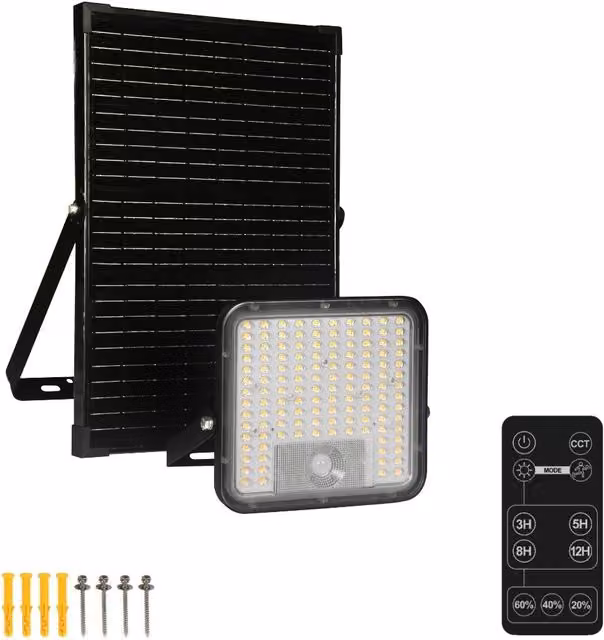 Proyector LED Solar FBRIGHT de 60W con Sensor de Movimiento, CCT Ajustable y Mando a Distancia, IP65, Color Negro