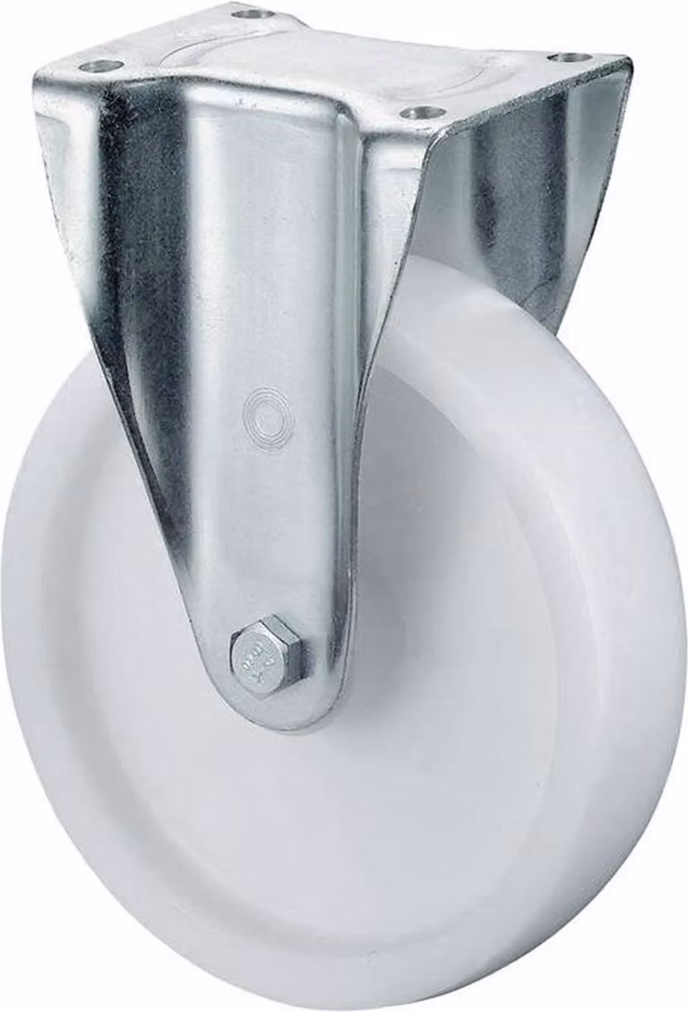 Rueda de apoyo giratoria BS Rollen para cargas pesadas con plato de poliamida blanca, diámetro 100 mm y capacidad de 350 kg