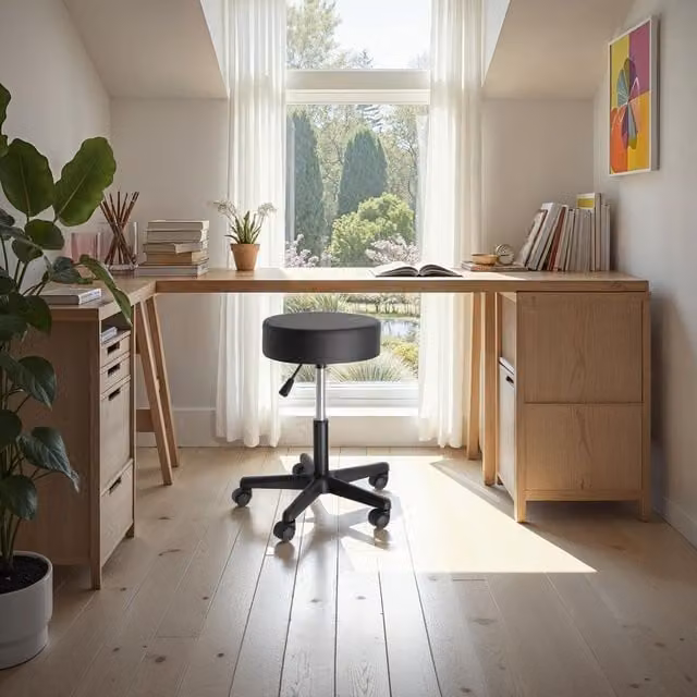 Taburete con ruedas TecTake con altura ajustable, giro de 360 grados y tapicería de piel sintética en color negro