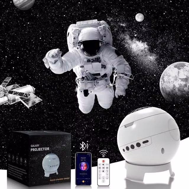 Proyector Planetario Mertturm de Cielo Estrellado Galáctico con 8 Discos de Vidrio HD, Lente de Enfoque Ajustable, Temporizador y Altavoz Bluetooth 5.0, Color Blanco