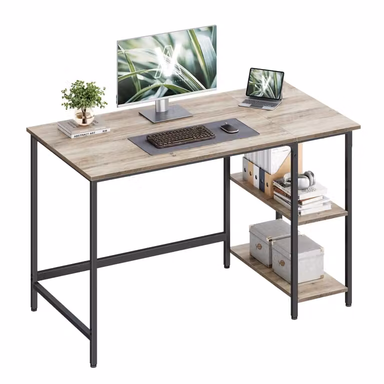 Escritorio de ordenador VASAGLE con estantes, estructura metálica y superficie de MDF, color beige y negro, An/P/Al: 120 x 60 x 76 cm