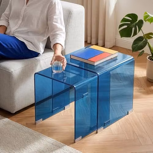Conjunto de 2 Mesas Nido Kariengem de en.casa con Vidrio Templado, Azul, An/P/Al: 42 x 42 x 42 cm