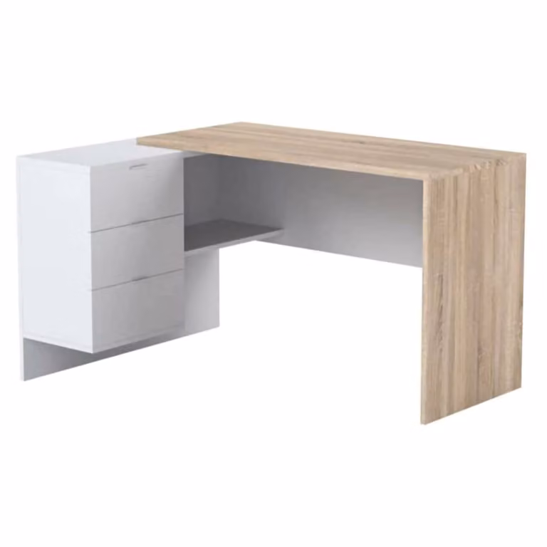 Escritorio de esquina Dmora en efecto madera de roble y blanco, An: 145 cm, P: 108 cm, Al: 73 cm