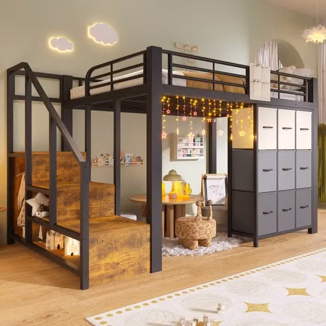 Cama Altillo HAUSS SPOLE Negra de Metal y MDF con Armario, Escalera de Almacenamiento y Barra para Colgar, An/P/Al: 200 x 140 x 251,5 cm