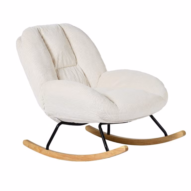 Mecedora escandinava Meubles Cosy tapizada en pana beige con estructura de madera de haya y metal