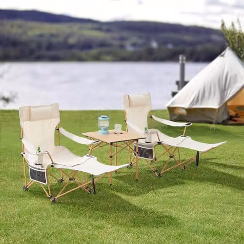 Set de 3 muebles de camping Bellante de casa.pro con mesa plegable y 2 sillas reclinables con reposabrazos, color beige