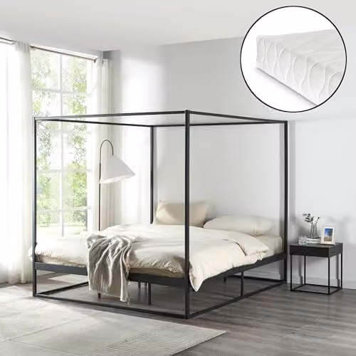Estructura de cama con baldaquín y colchón de espuma fría en.casa, metal negro, An/P/Al: 180 x 200 cm