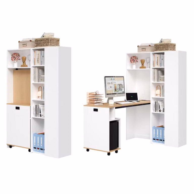 Escritorio plegable Aiorber con estantería y altura ajustable, mesa de ordenador 2 en 1 con enchufe y USB, color blanco