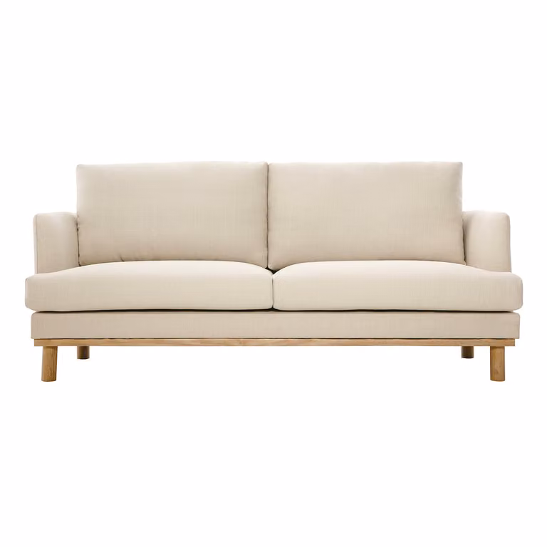 Sofá escandinavo de 3 plazas Miliboo Hobart en tela beige y madera clara An/P/Al: 175 x 74,5 x 80,5 cm