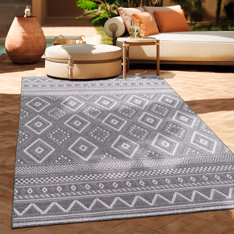 Alfombra Paco Home de tejido plano con diseño boho étnico para exterior e interior, color gris y beige, An/P: 80 x 250 cm