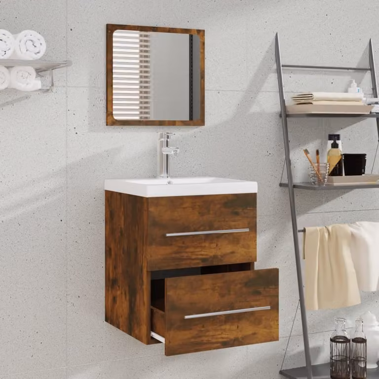 Armario de baño moderno Prolenta con espejo, acabado roble marrón y montaje en pared, An/P/Al: 41 x 48 x 48 cm