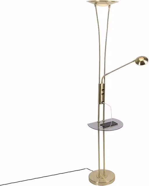 Lámpara de pie moderna Sevilla de Qazqa en color dorado con luz LED para lectura, puerto USB y regulador de intensidad, fabricada en metal y vidrio