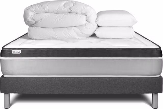 Pack de cama completa Vitalit Ergo con colchón de espuma viscoelástica gris, somier de láminas de pino, 2 almohadas y edredón, An/P/Al: 160 x 200 x 26 cm