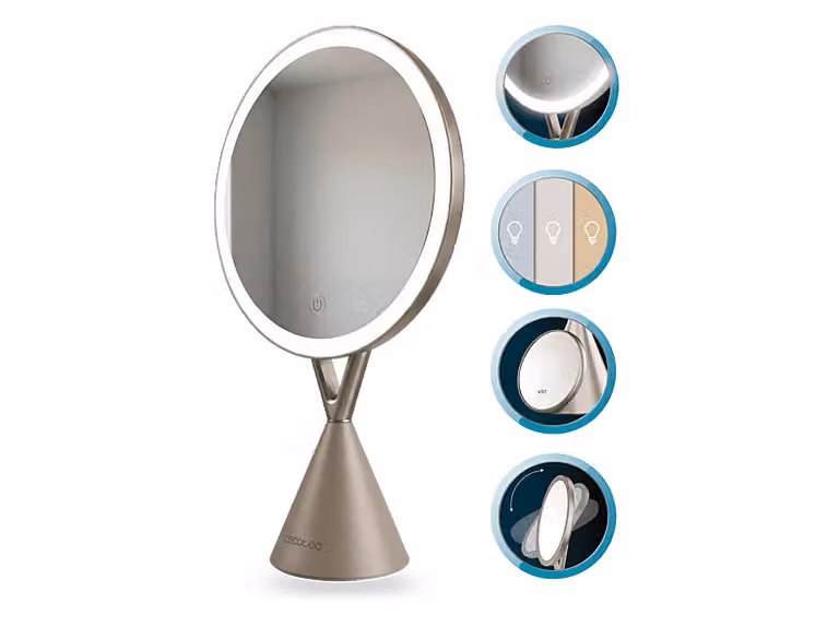 Espejo de sobremesa Cecotec FaceCare Mirror con luz LED, aumento 10x, 3 intensidades y carga USB-C, color plata y multicolor