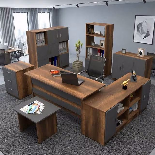 Set de oficina modular DMORA con escritorio, armario y estantería en acabado nogal marrón mate