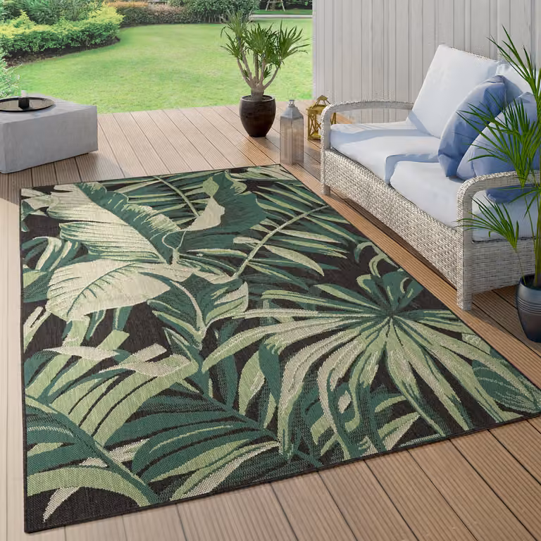 Alfombra Paco Home para exterior y terraza con diseño floral de jungla y estilo boho chic, redonda, color verde y negro, Diámetro: 160 cm