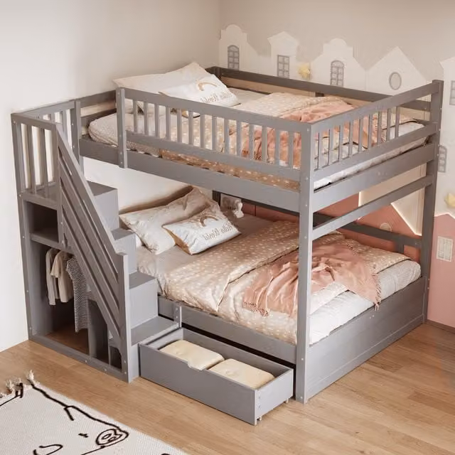 Litera de dos niveles Modenvie con escalera de almacenamiento, cajón y barandillas altas para niños, madera y MDF, color gris, An/P/Al: 140 x 200 x 205 cm