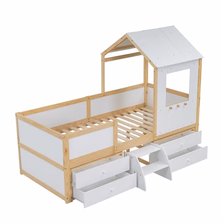 Cama infantil MODFU de madera de pino y MDF con estructura de casa, 4 cajones y zona de juego, color blanco, 90 x 200 cm