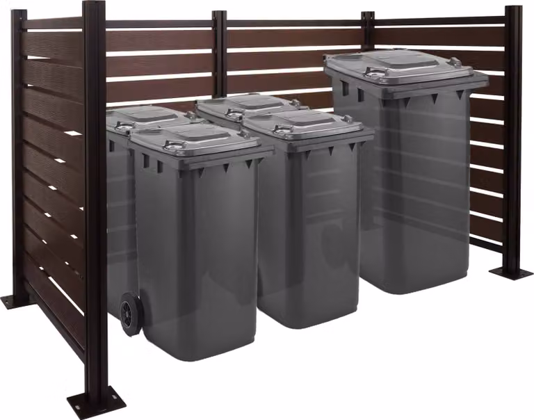 Valla para contenedores de basura Mendler HWC-K57 de aluminio y Polywood, extensible, color marrón, An/P/Al: 130 x 206 x 110 cm