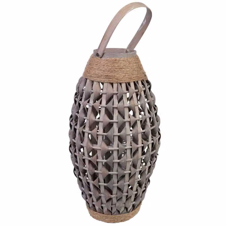 Farol decorativo Wanderlust deco de bambú y madera con recipiente de cristal para vela, estilo boho, colores gris y marrón, Diámetro: 21 cm, Altura: 38 cm