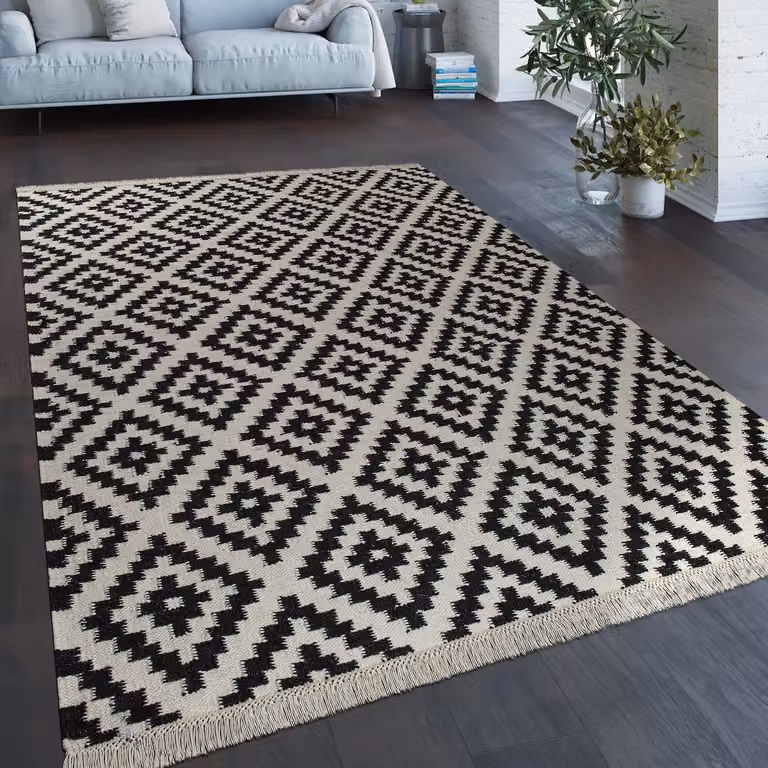 Alfombra Paco Home tejida a mano con diseño marroquí y estilo escandinavo en blanco y negro con flecos An/P: 110 x 60 cm