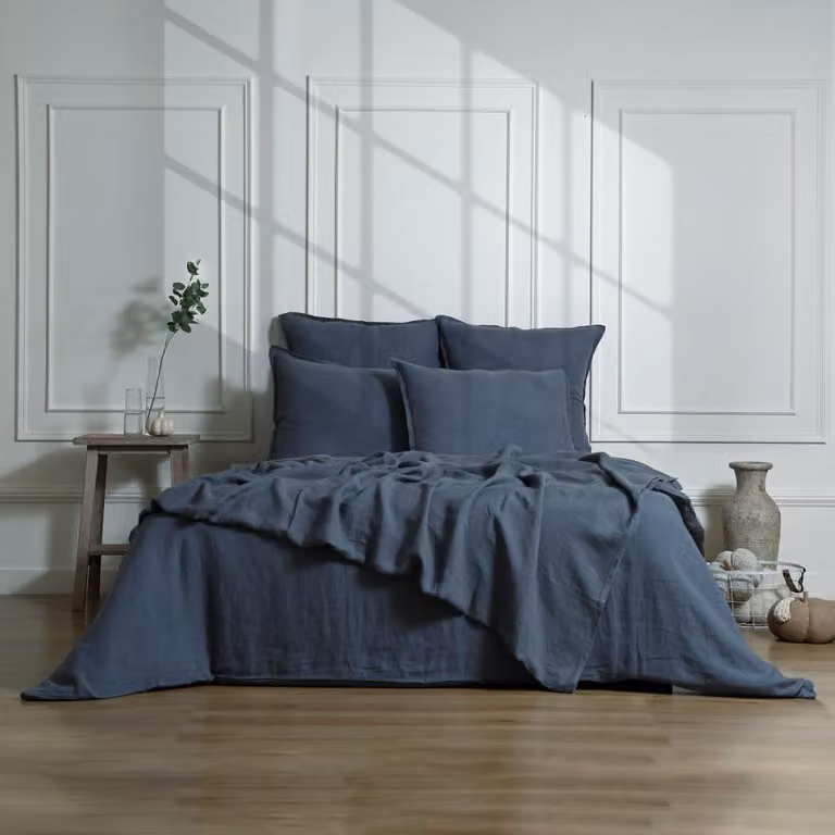 Juego de cama de lino Febronie color azul, incluye funda nórdica de 260 x 240 cm y fundas de almohada de 50 x 70 cm